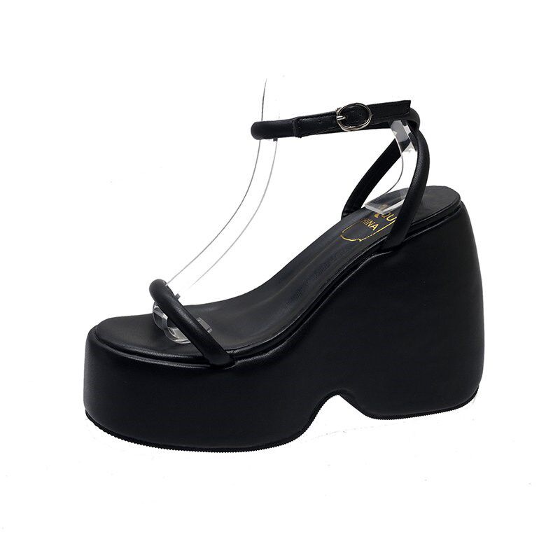 黑色一字带厚底坡跟凉鞋女2024夏季新款小个子防水台细带高跟鞋潮