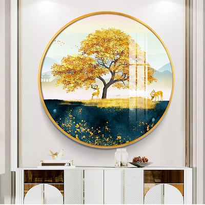 玄关发财树装饰画过道走廊入户圆形壁画新中式客厅招财摇钱树挂画