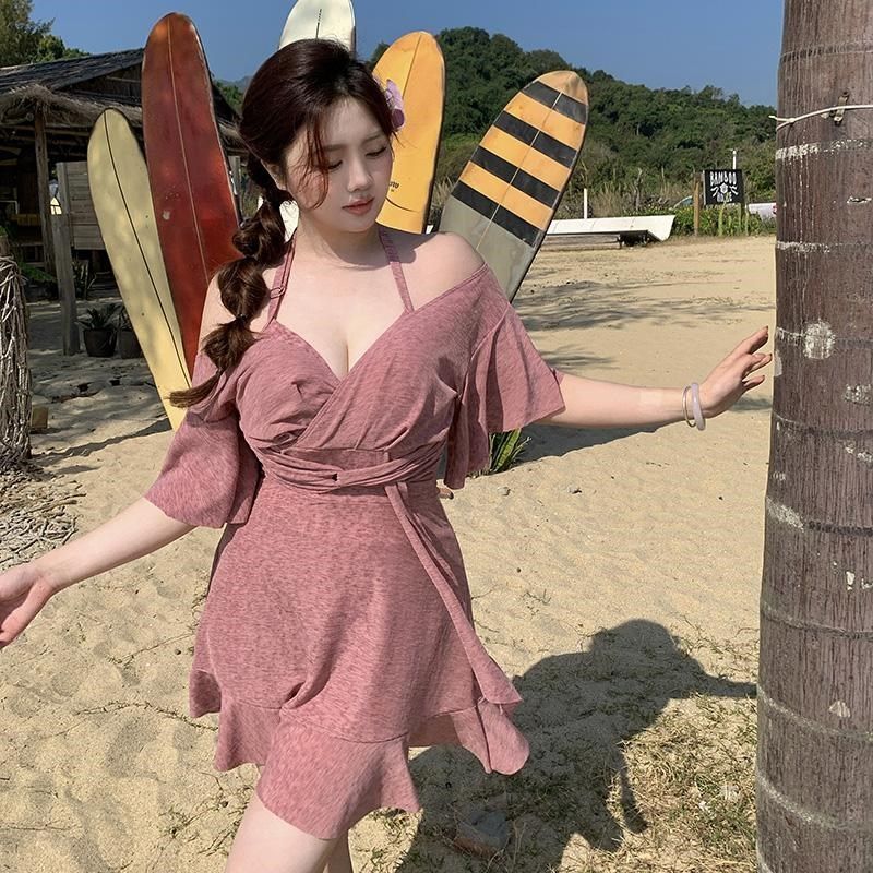 泳衣女连体微胖女孩遮肉钢圈大胸遮肚显瘦高级纯色泡温泉大码泳装