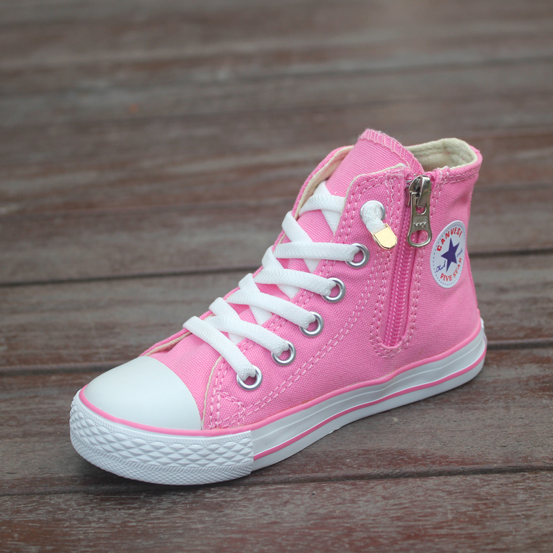 粉色女生童鞋拉链高帮帆布鞋宝宝学生鞋幼儿园松紧带鞋亲子鞋女鞋