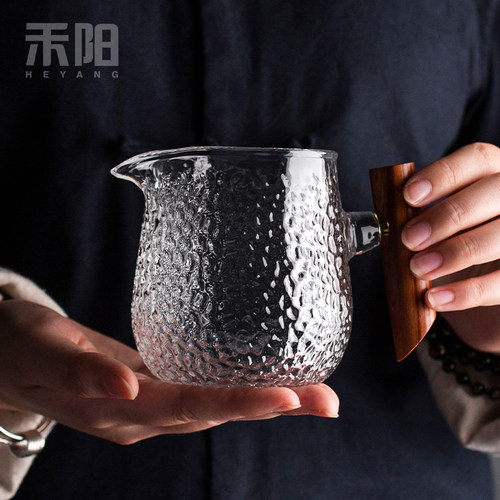 禾阳 公道杯玻璃耐热加厚防烫木把锤纹茶海公杯功V夫茶具倒茶公杯