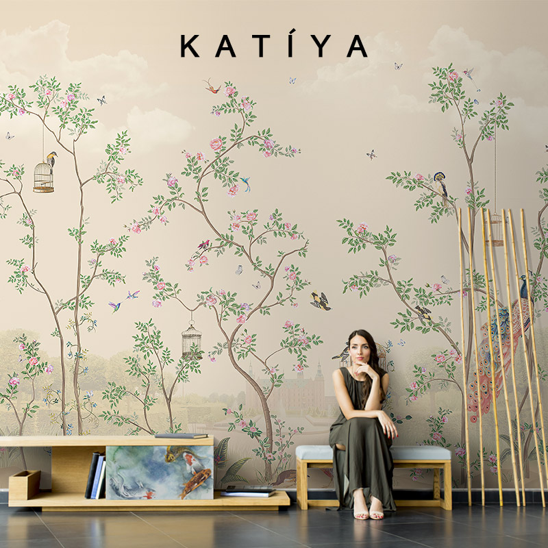 Katiya美式田园n花鸟墙布电视背景墙影视墙卧室壁纸手绘中式定制