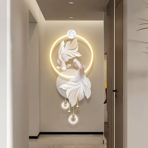 奶油风入户玄关锦鲤装饰画过道走廊尽头竖版立体壁灯高Y级感发光