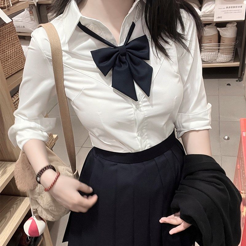 jk制服辣妹收腰长袖衬衫女日系学院风百搭白色衬X衣纯欲风套装