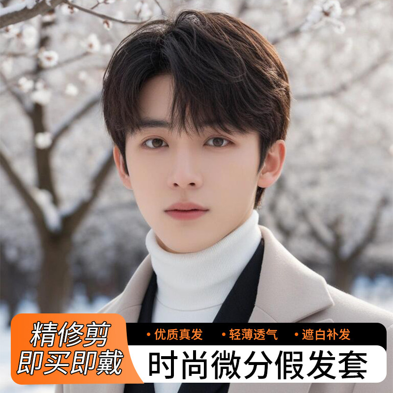 假发男短发韩f式帅气微分碎盖全头套全真人发蓬松自然时尚男士头