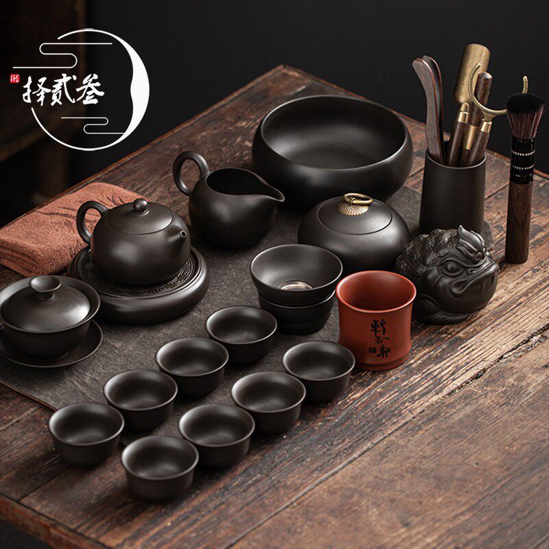 宜兴手工原矿紫砂功n夫茶具套装高档盖碗茶杯茶壶整套礼盒排水茶