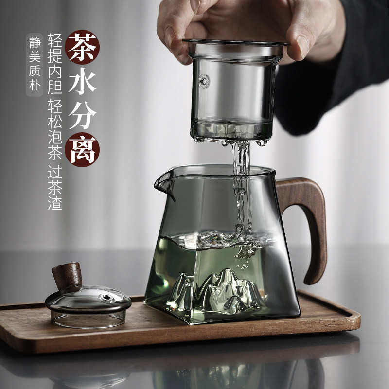 家用玻璃泡茶壶耐高温煮茶壶木把带过滤茶水分离花茶壶茶壶套装