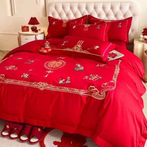 高档中式百子图结婚四件套大红色床单被套纯棉新婚庆床上用品婚房
