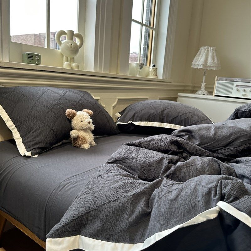 简约水洗棉色织提花几何立体黑四件套全棉1.5m1.8公寓被套三件套