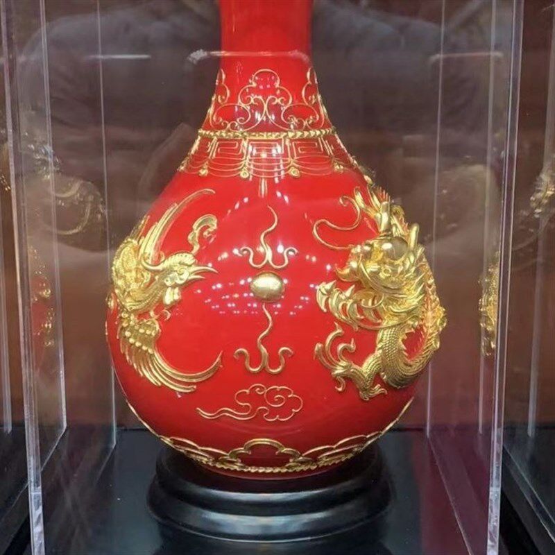 福建特色鹭艺轩漆线雕8寸双龙玉壶春红瓶摆件外事商务聚会礼品