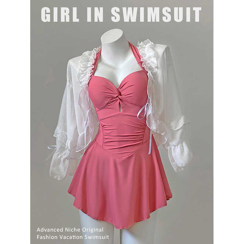 洋气超仙ins风挂脖式连体泳衣女显F白少女带罩衫海边度假拍照好看