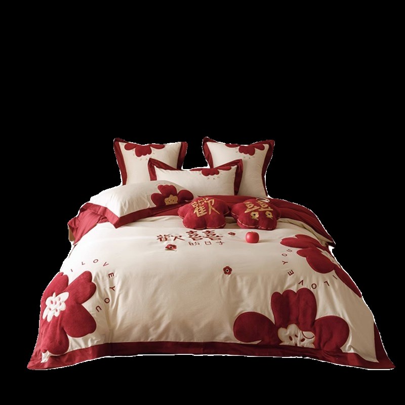 100支长绒棉结婚四件套大红色全棉纯棉喜被新婚婚庆陪嫁床上用品