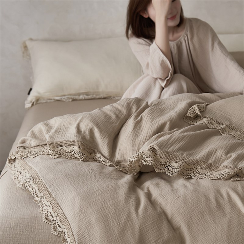 HJ全棉纯棉皱皱纱蕾丝花边四件套床单被套床上用品2025新款