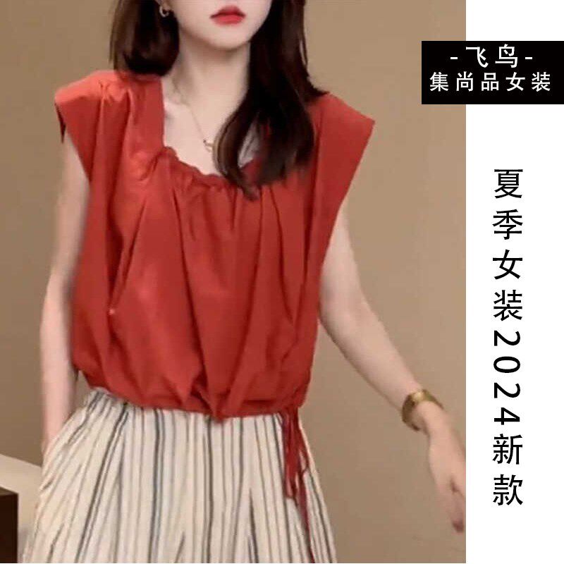 衬衣女款2025新款爆款抽褶小众设计感显瘦时尚洋气V无袖方领衬衫