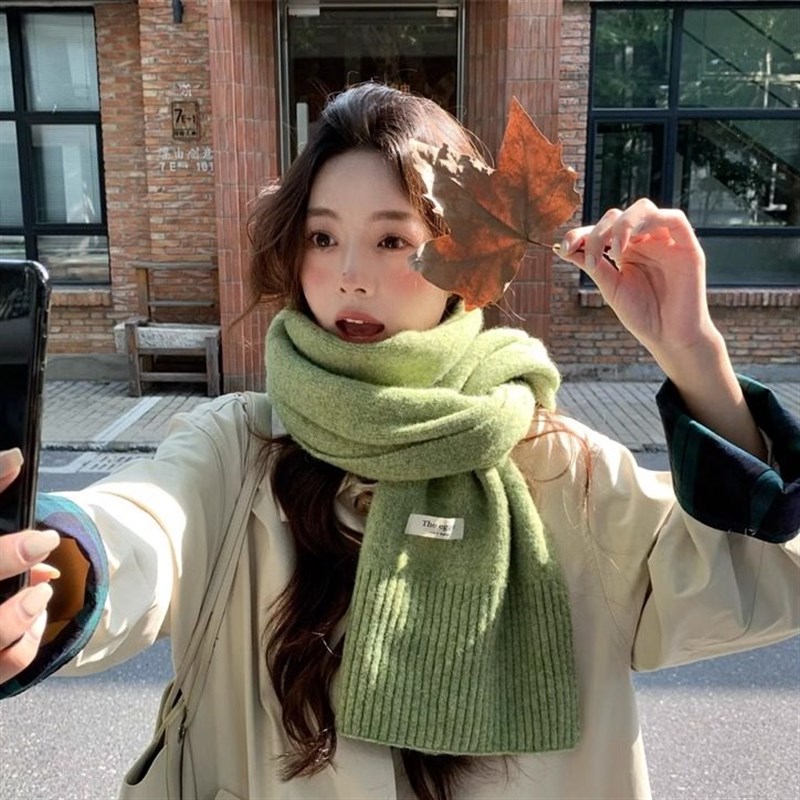 【显白香草绿】韩系n氛围感保暖围巾女刺绣贴标温柔百搭米白色围