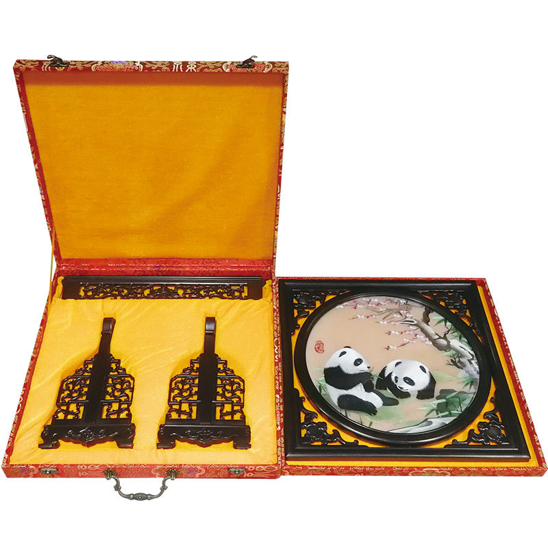 蜀绣手工刺绣檀木双面绣大号摆件四川特色装饰工艺送外宾出国礼品