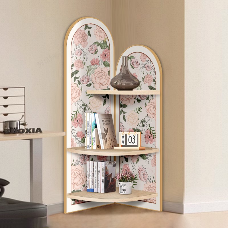 奶油风卧室置物架花卉转角柜落地摆件拐角柜子三角书架床边收纳柜