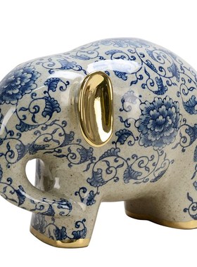 青花陶瓷大象摆件一对高级感客厅玄关展示柜艺术装饰品乔迁送礼