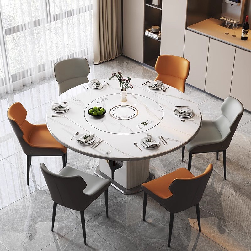 轻奢岩板多c功能伸缩餐桌椅电磁炉电动暖菜板可变圆桌饭桌可配转