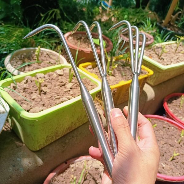 不锈钢松土耙子二齿小爪子家用花盆换盆清理根部实心加粗耐用不锈