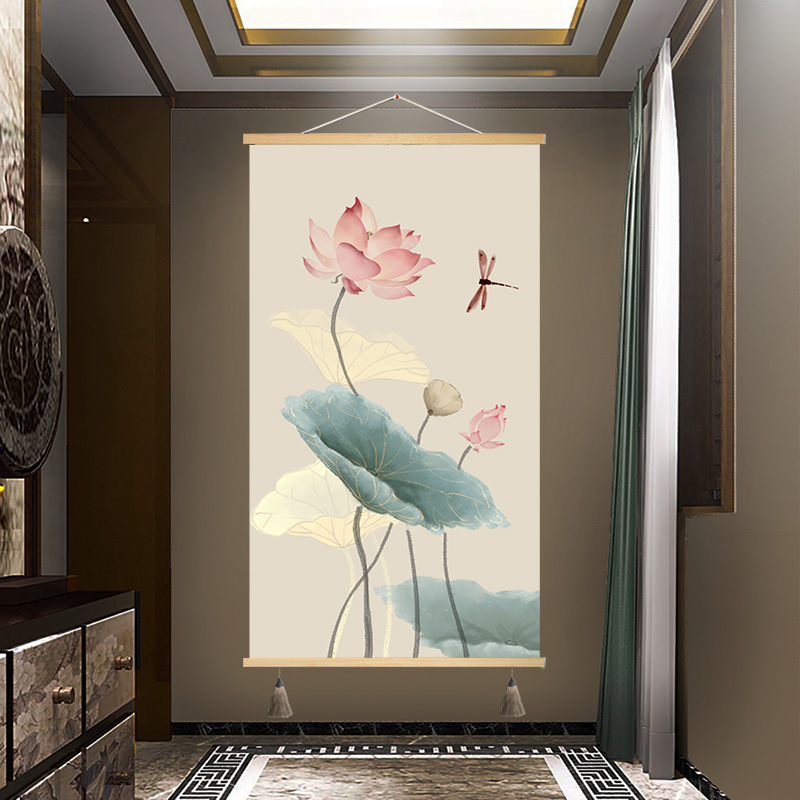 新中式挂画定制卷轴n画装饰画荷花图玄关卧室餐厅墙壁画布艺画墙图片