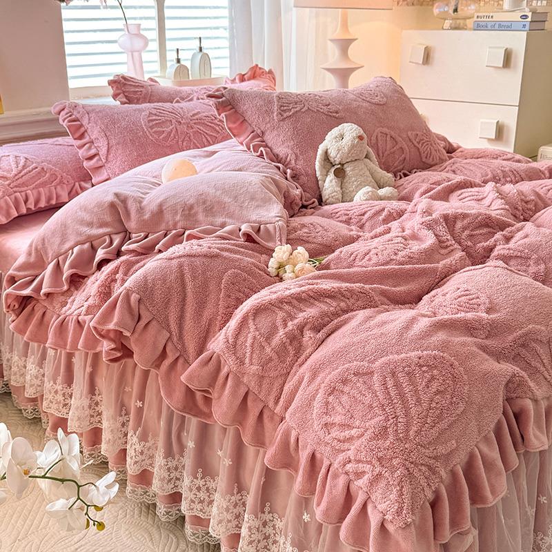 冬季四牛雕花绒床裙件trj0581套双面绒绒被套法奶兰绒加厚加保暖