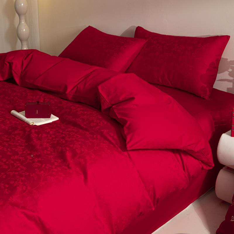 A类母1109/11婴级100上支长绒棉婚庆四件套红大色床单缎贡被套结