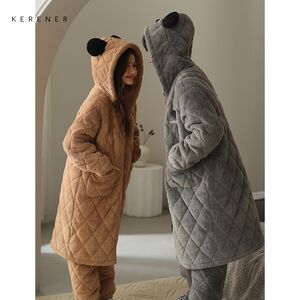 可人儿情侣睡袍冬季保暖雪花绒夹棉睡衣珊瑚绒中长款男女士家居服