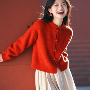 本命蛇年红色针织开衫毛衣女装2025春季新中式国风盘扣设计感上衣