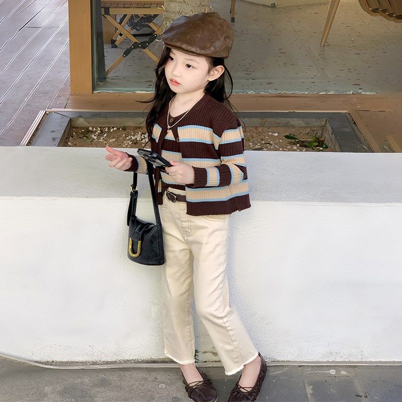 韩国童装2024秋装女宝宝条纹针织开衫吊带背心两件套女童毛衣套装