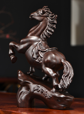 黑檀木雕马摆件实木新中式马到成功家居客厅书房办公桌面装饰礼品