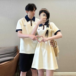 情侣装夏季2024新款高级感法式连衣裙设计感polo领短袖一裙一衣潮