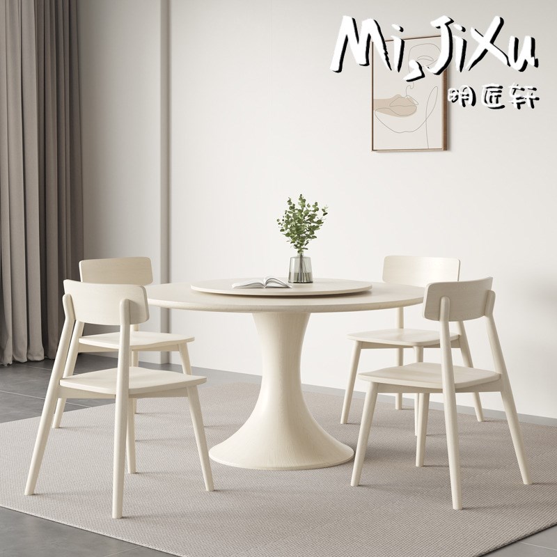 明匠轩家居奶油风纯白圆形岩板实木餐桌椅组合网红家用小蛮腰圆桌
