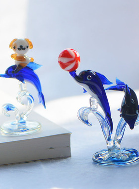 玻璃海豚摆件客厅办公桌装饰大气摆设手工创意礼物玻璃工艺品动物