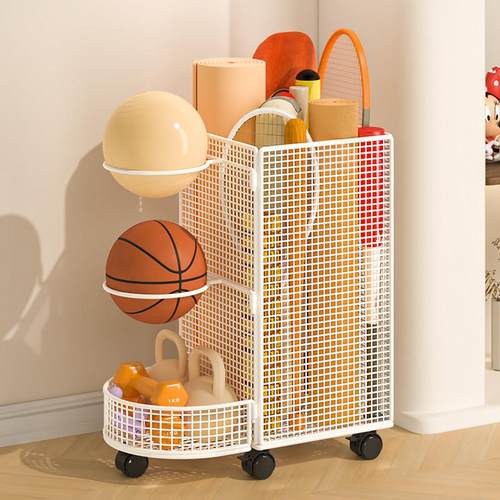 装篮球收纳桶家用瑜珈垫收纳筐带轮健身器材夹缝羽毛球拍置物架子