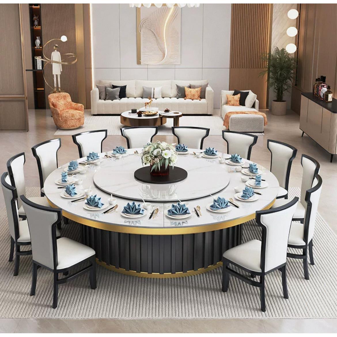 酒店大圆桌电动岩板圆桌全自动家用餐桌商用12人16人高档岩板餐桌