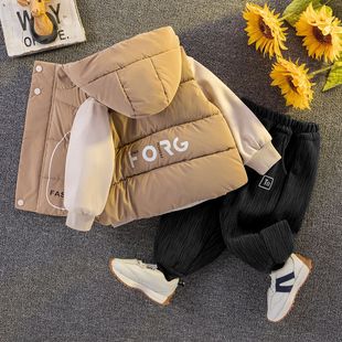 儿童冬季羽绒棉服男童连帽马甲套装洋气女宝宝加绒加厚坎肩三件套