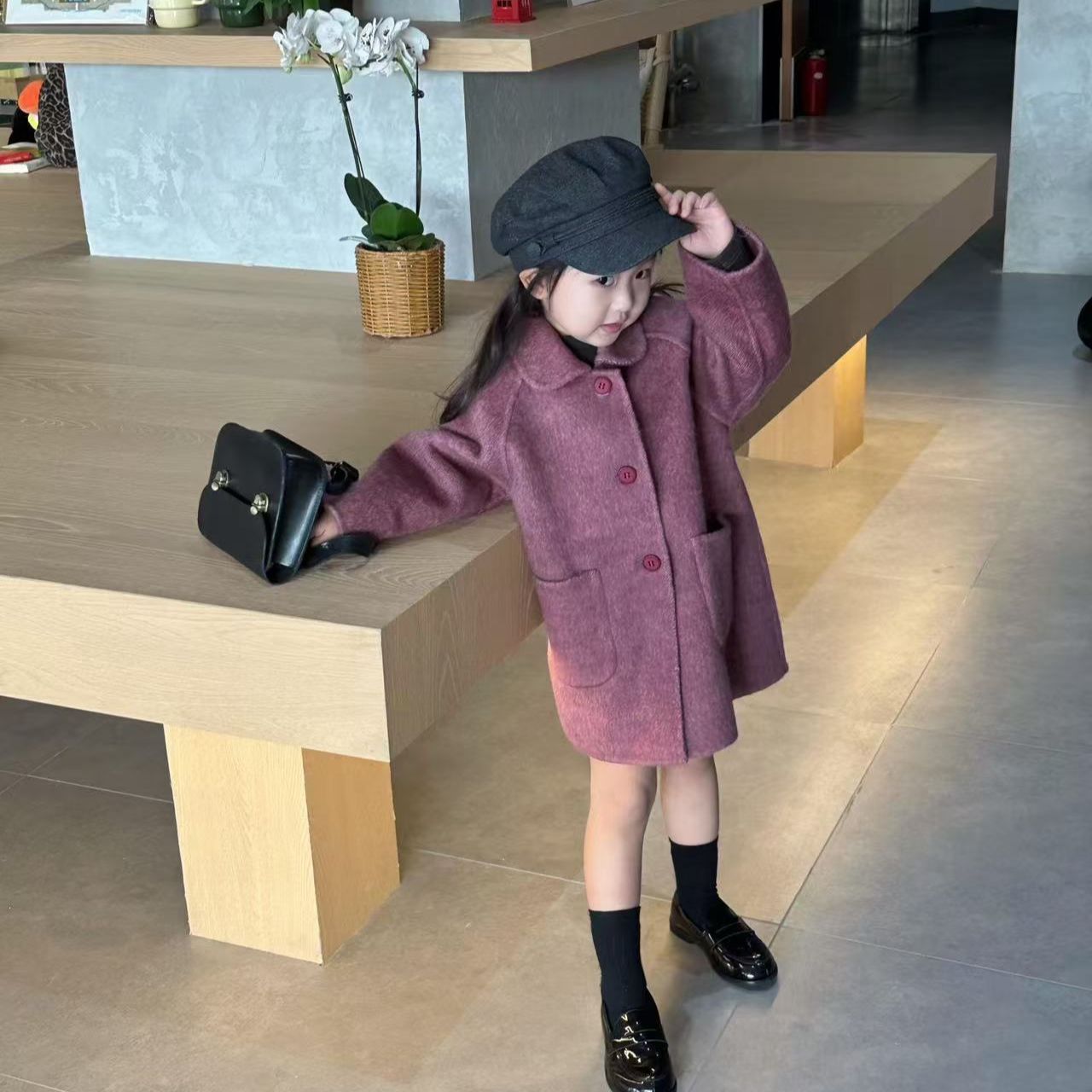 童装女童中长款毛大衣秋冬款儿童翻领保暖女宝宝复古加厚风衣外套