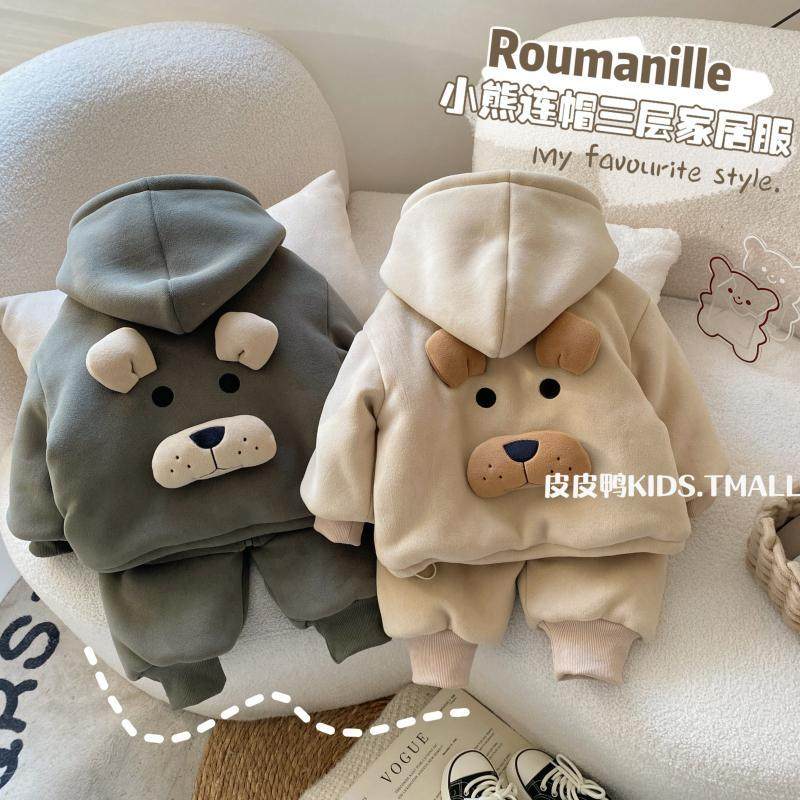 宝宝睡衣冬季加绒加厚男童冬款三层保暖家居服套装儿童卡通两件套