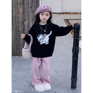 韩国童装2025秋冬新款可爱黑色猫咪针织衫女童加厚毛衣粉色休闲裤