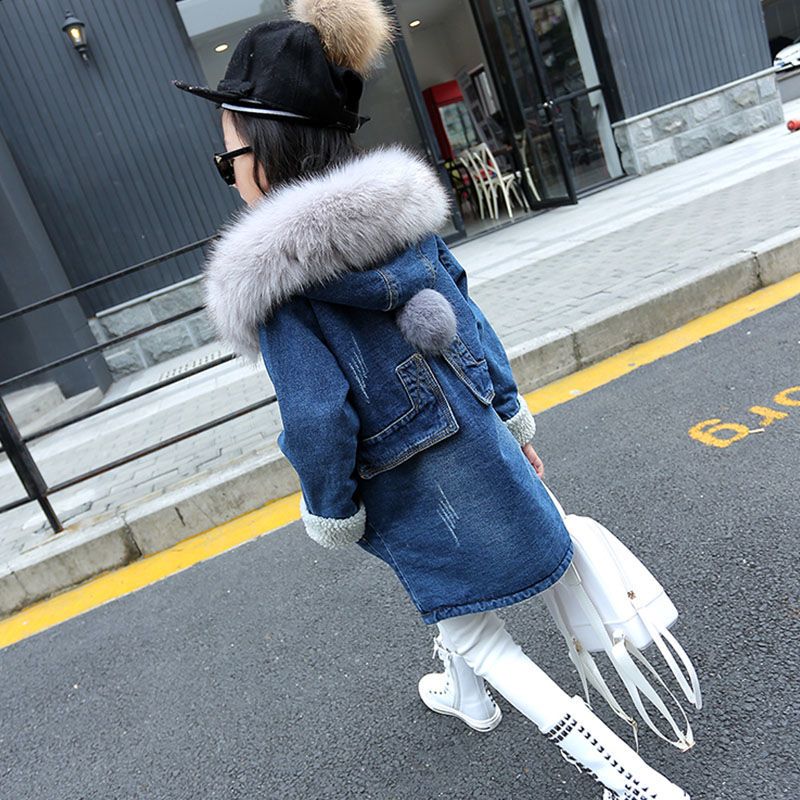 童装女童韩版冬装牛仔外套加厚风衣女孩秋季加绒羊羔毛大衣洋气潮