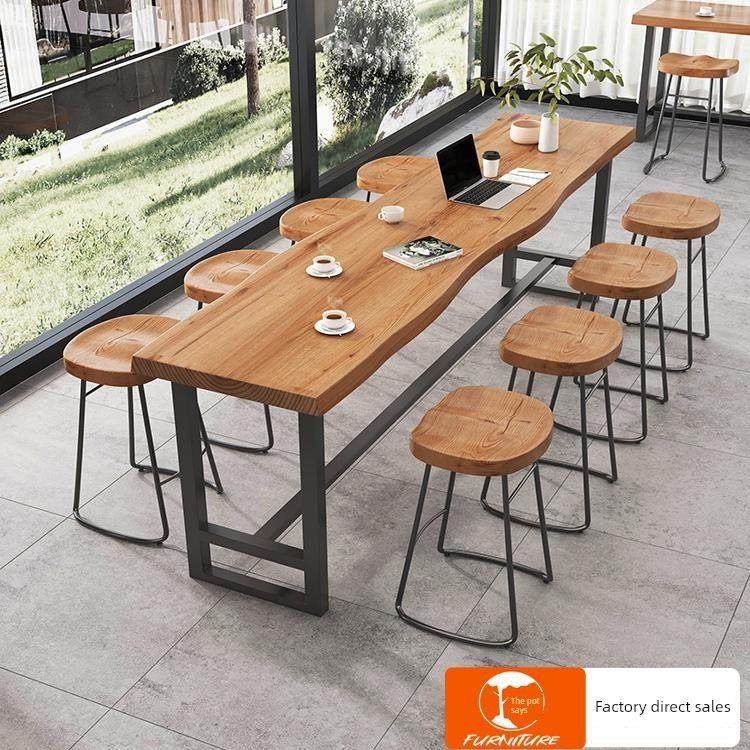吧台桌实木墙阳台休闲吧桌咖啡厅甜品奶茶店商业高桌椅组合
