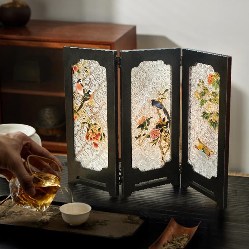 茶室桌面屏风摆件创意边柜高级感摆画喜上眉梢茶台复古折叠小屏风