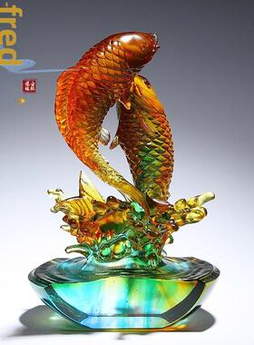 高档琉璃摆件双锦鲤鱼跃龙门客厅玄关家居装饰乔迁新居礼品招财