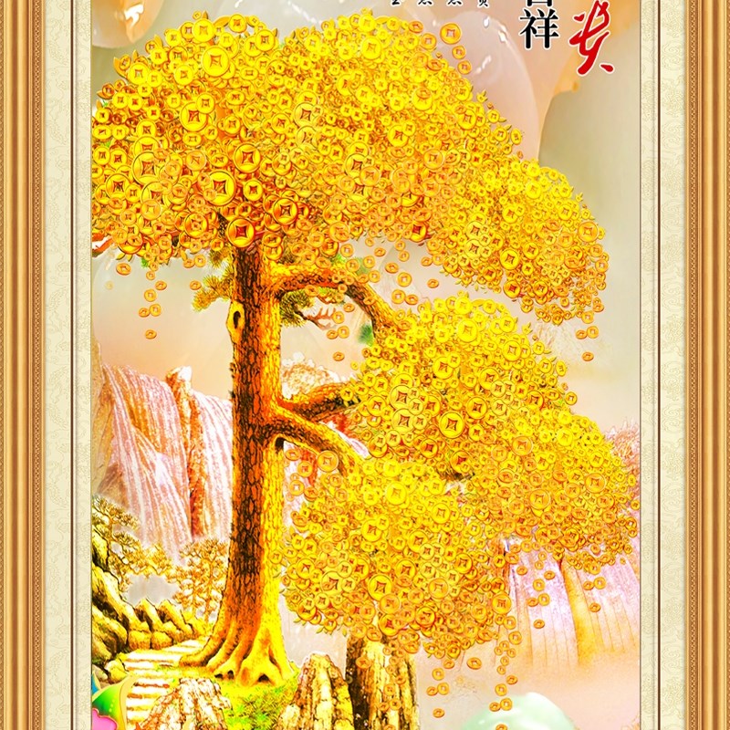装饰画客厅玄关过道背景墙无框画芯风景竖版摇钱树葫芦图片