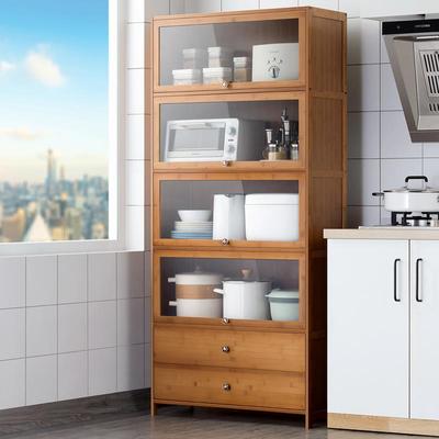 厨房收纳置物架放锅碗调料落地式多层微波炉架子多功能储物柜实木