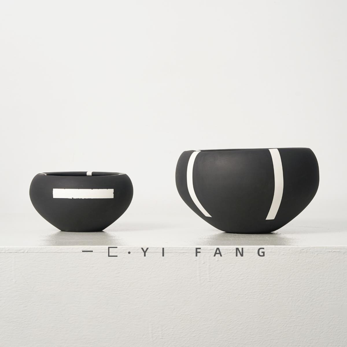 一匚新中式黑白陶瓷花器样板间售楼处客厅酒店餐厅条纹花瓶摆件