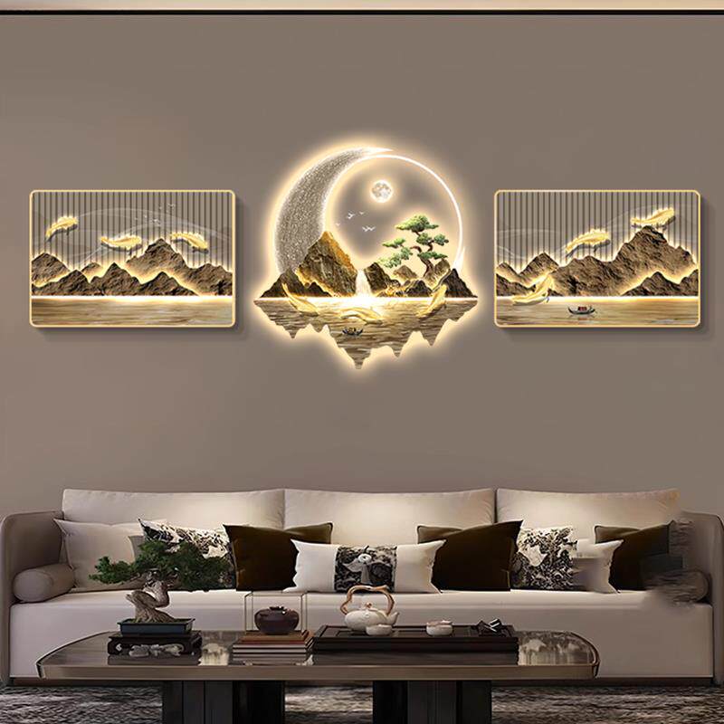 新中式客厅装饰画流水生财九鱼图轻奢高级感山水画沙发背景墙挂画