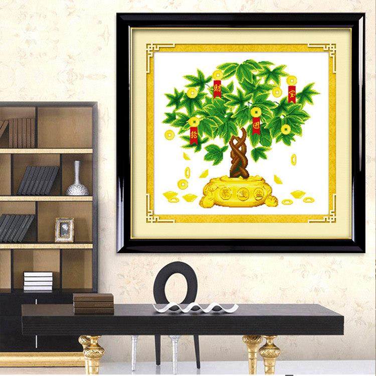 财源滚滚十字绣2024新款线绣小件客厅小幅发财招财摇钱树简单新手