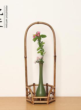 中式茶室装饰摆件手工竹制茶台玄关桌面饰品花瓶插花陶瓷瓶凉炉架